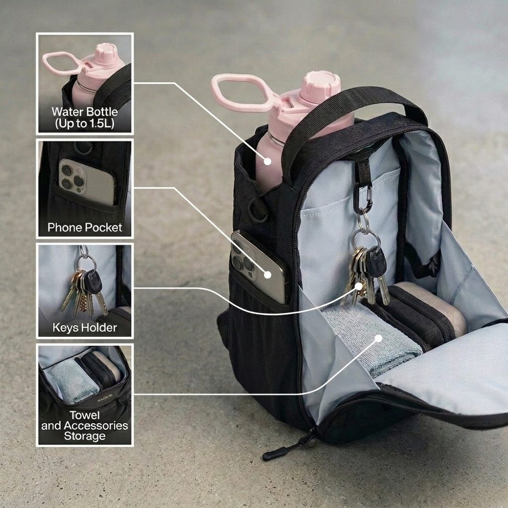 RYVO magnetic bag storage: water bottle, phone pocket, keys holder, towel and accessories